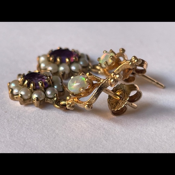 Vintage 14k Opal Seed Pearl Amethyst Drop Earrings - Picture 7 of 8